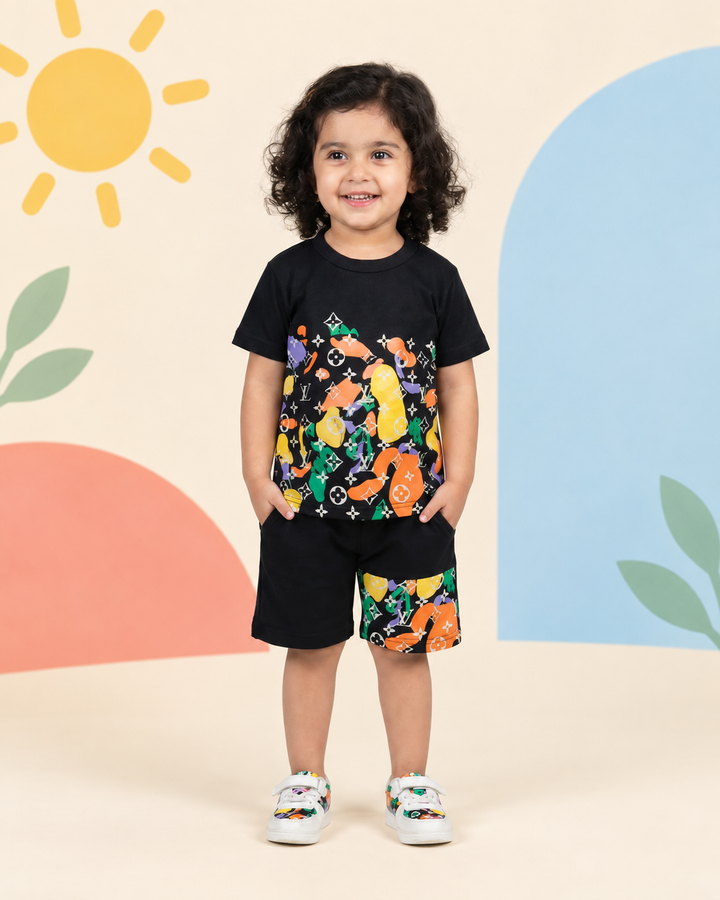 Black Floral Girls Short Set