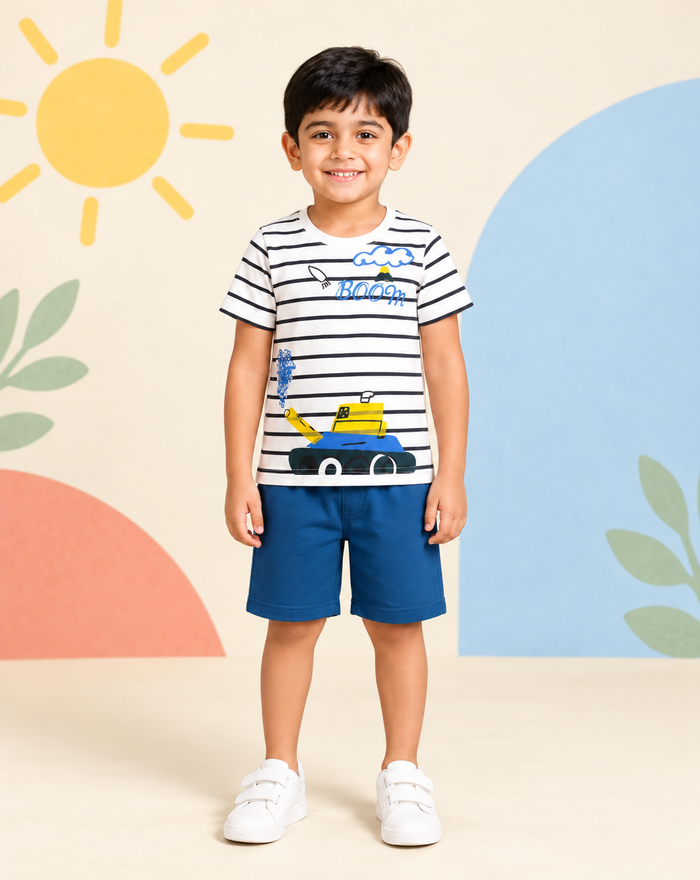 Blue Striped Car Short Set