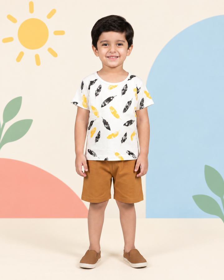 White Print Brown Shorts Set