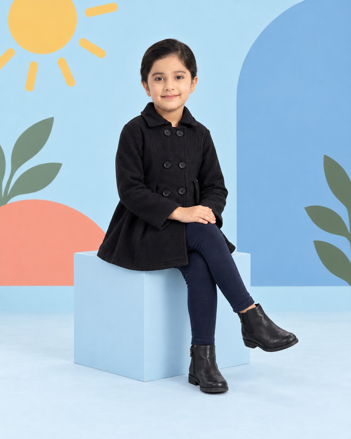 Girls Black Coat 2pcs - seated