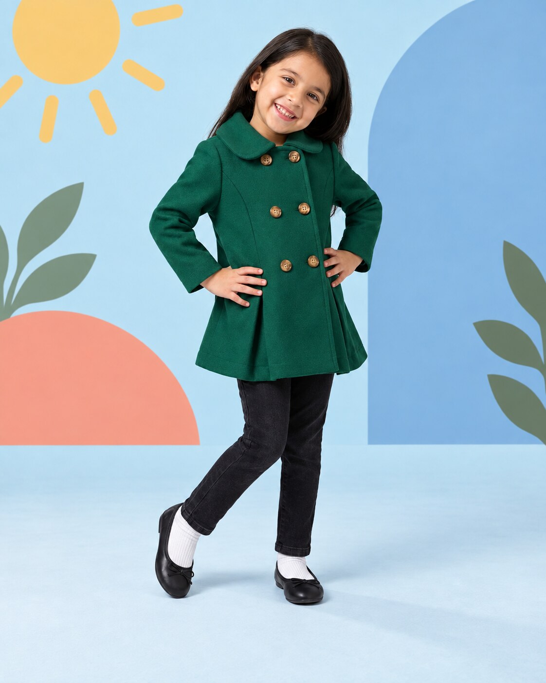 Girls Emerald Green Coat 2pcs - front standing