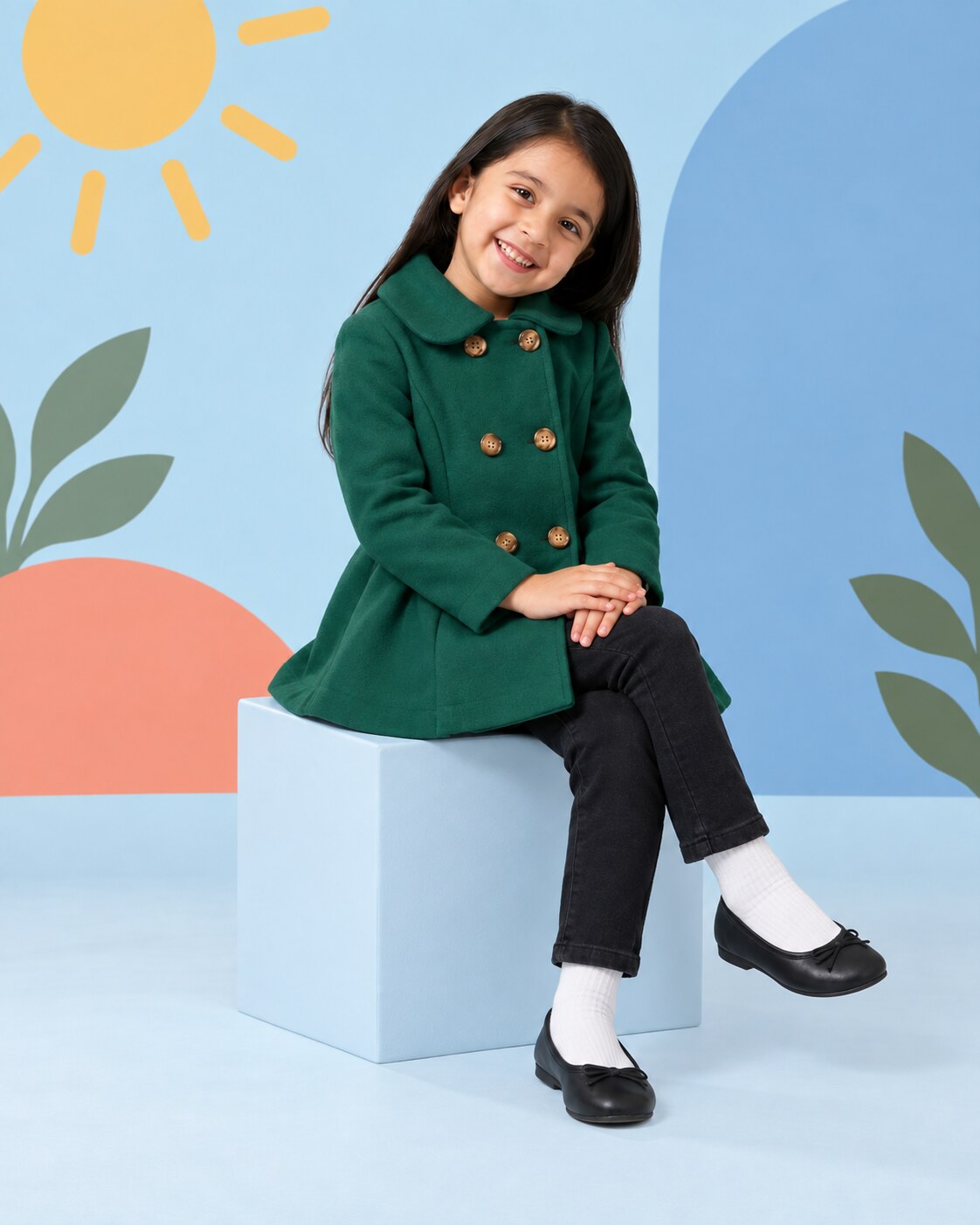 Girls Emerald Green Coat 2pcs - seated