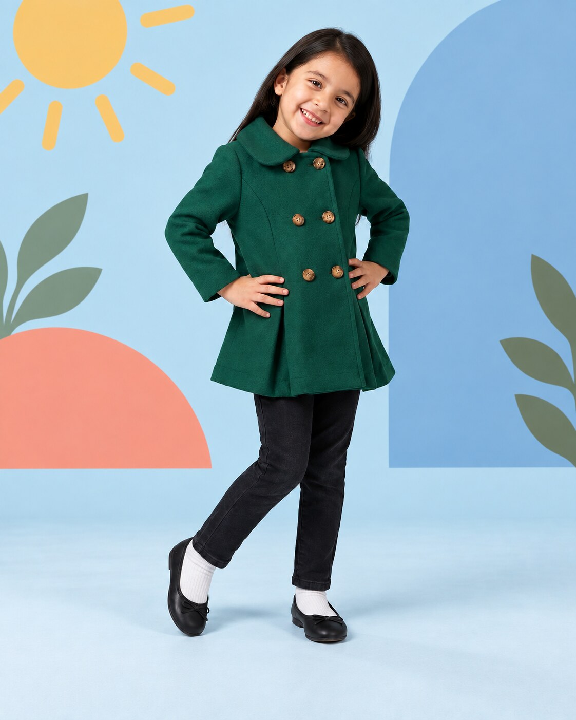 Girls Emerald Green Coat 2pcs - side angle