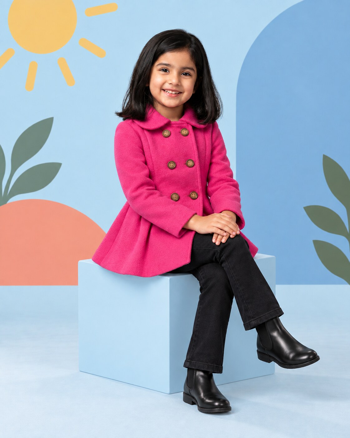 Girls Hot Pink Coat 2pcs - seated