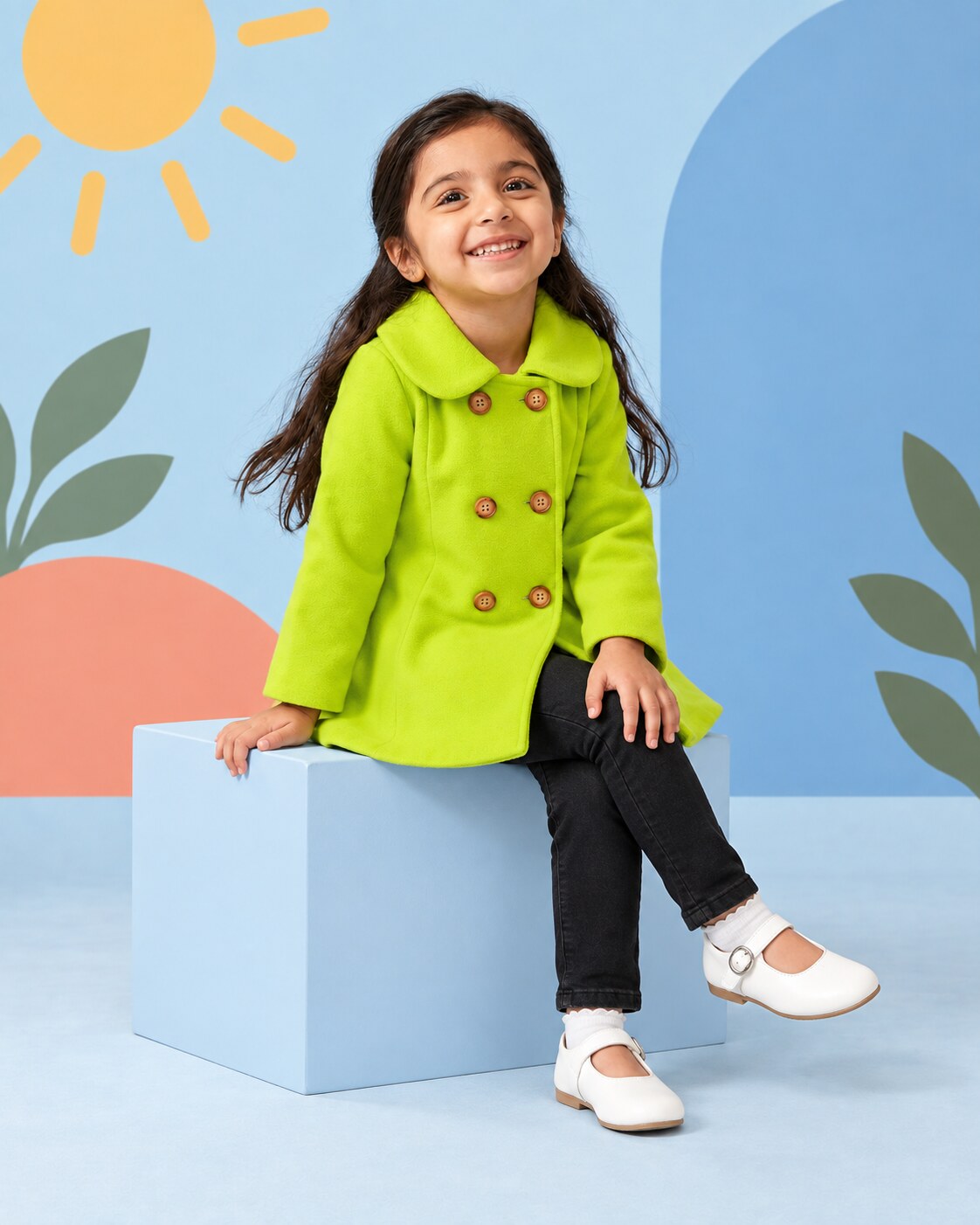 Girls Lime Green Coat 2pcs - seated