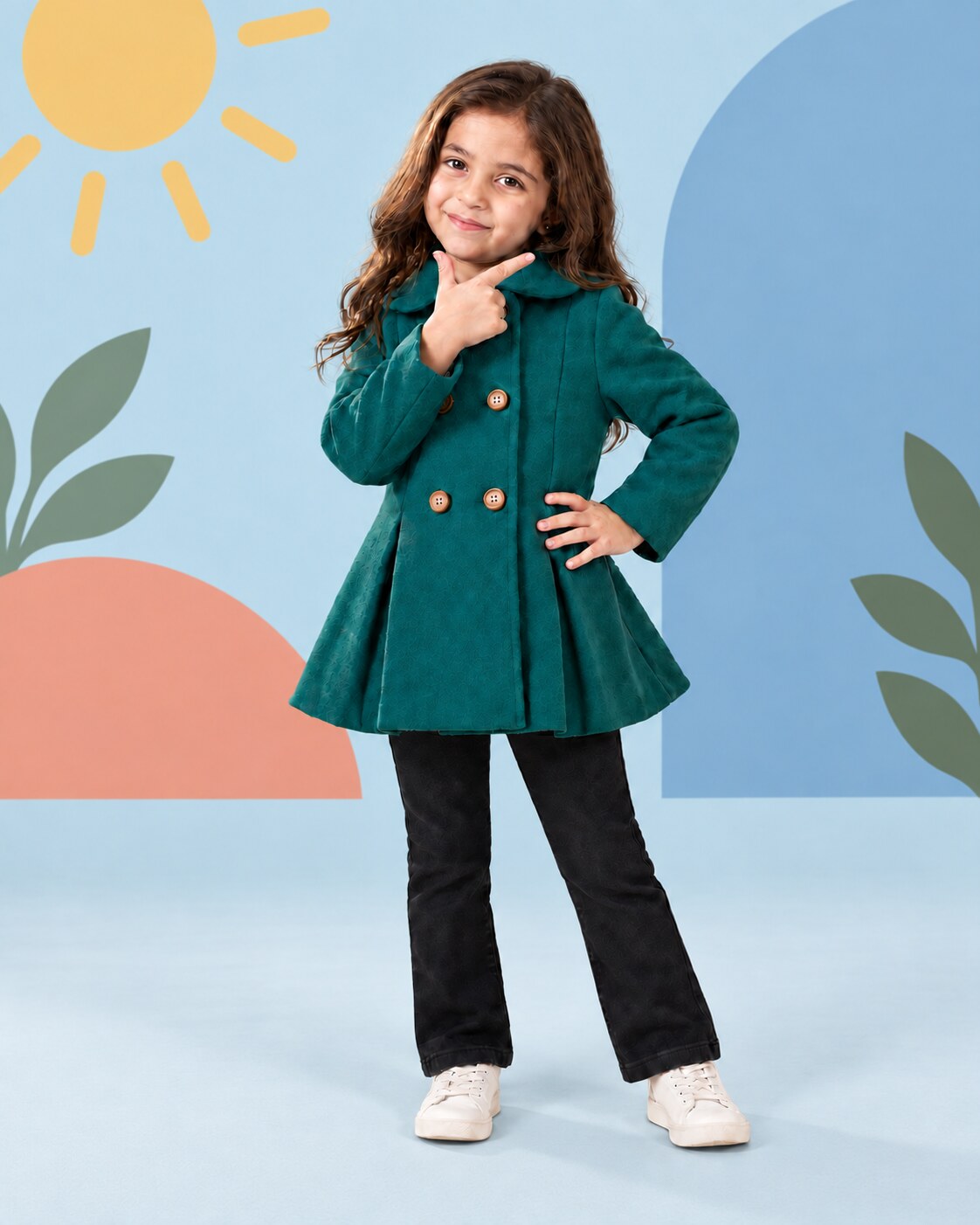 Girls Teal Green Coat 2pcs - front standing