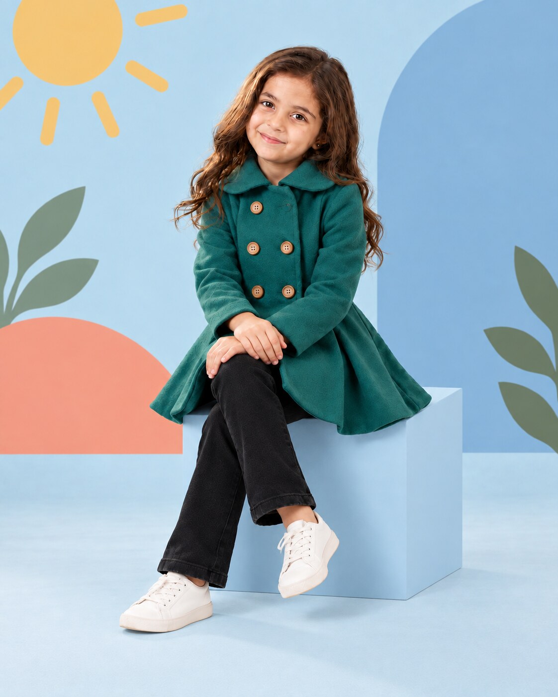 Girls Teal Green Coat 2pcs - seated