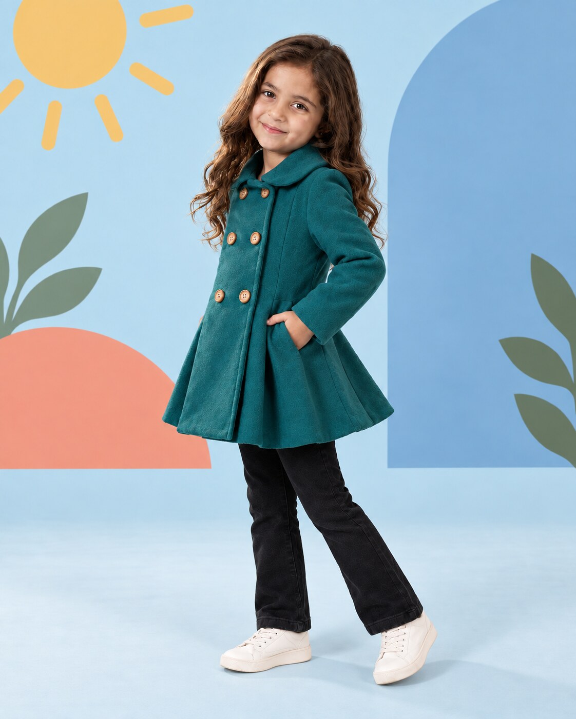 Girls Teal Green Coat 2pcs - side angle