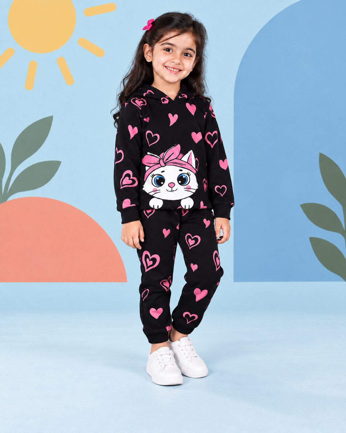 Heart Kitty Hoodie Set - Black - front standing