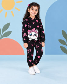 Heart Kitty Hoodie Set - Black - front standing