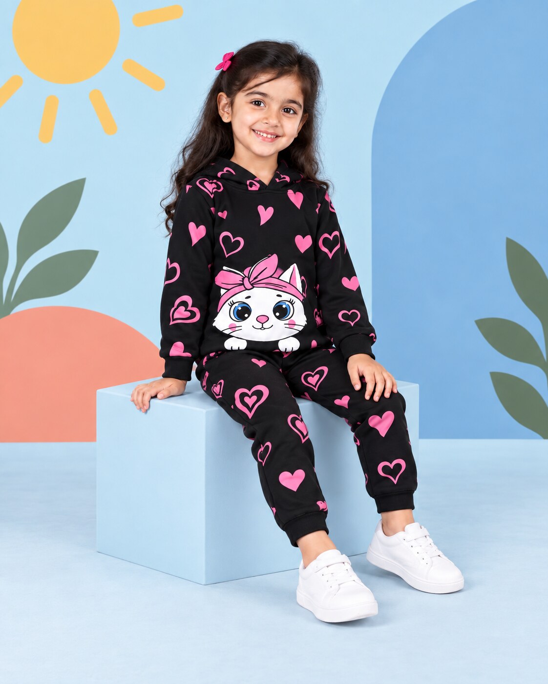 Heart Kitty Hoodie Set - Black - seated
