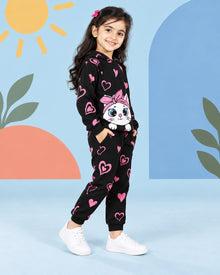 Heart Kitty Hoodie Set - Black - side angle