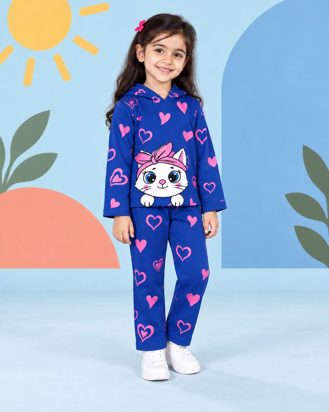 Heart Kitty Hoodie Set - Blue - front standing
