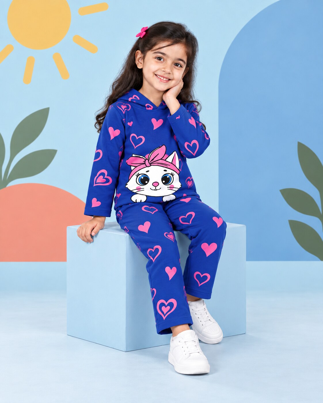 Heart Kitty Hoodie Set - Blue - seated
