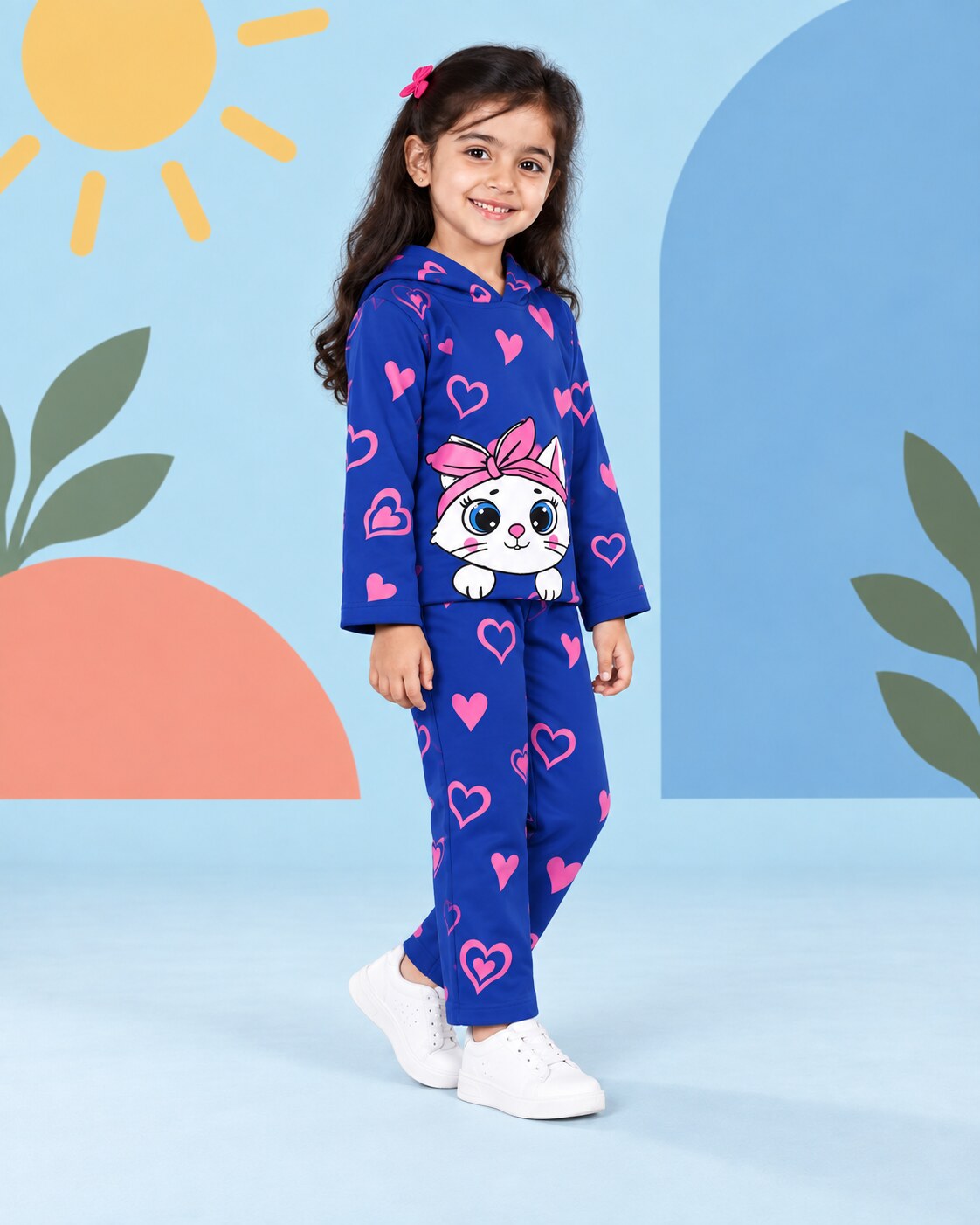 Heart Kitty Hoodie Set - Blue - side angle