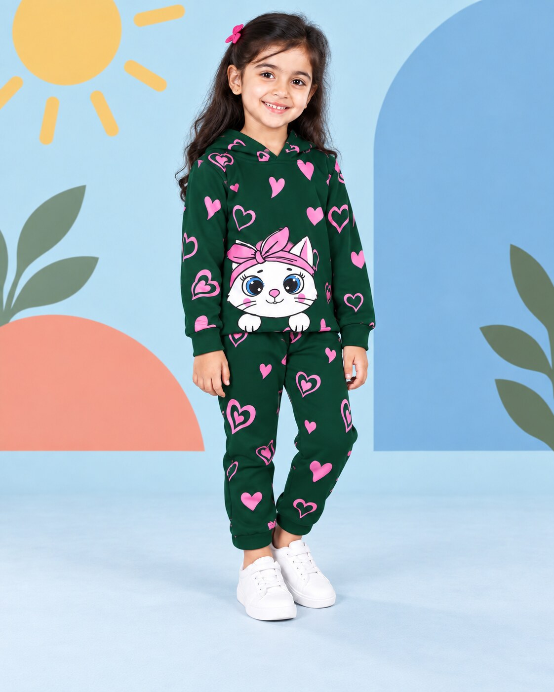 Heart Kitty Hoodie Set - Dark Green - front standing