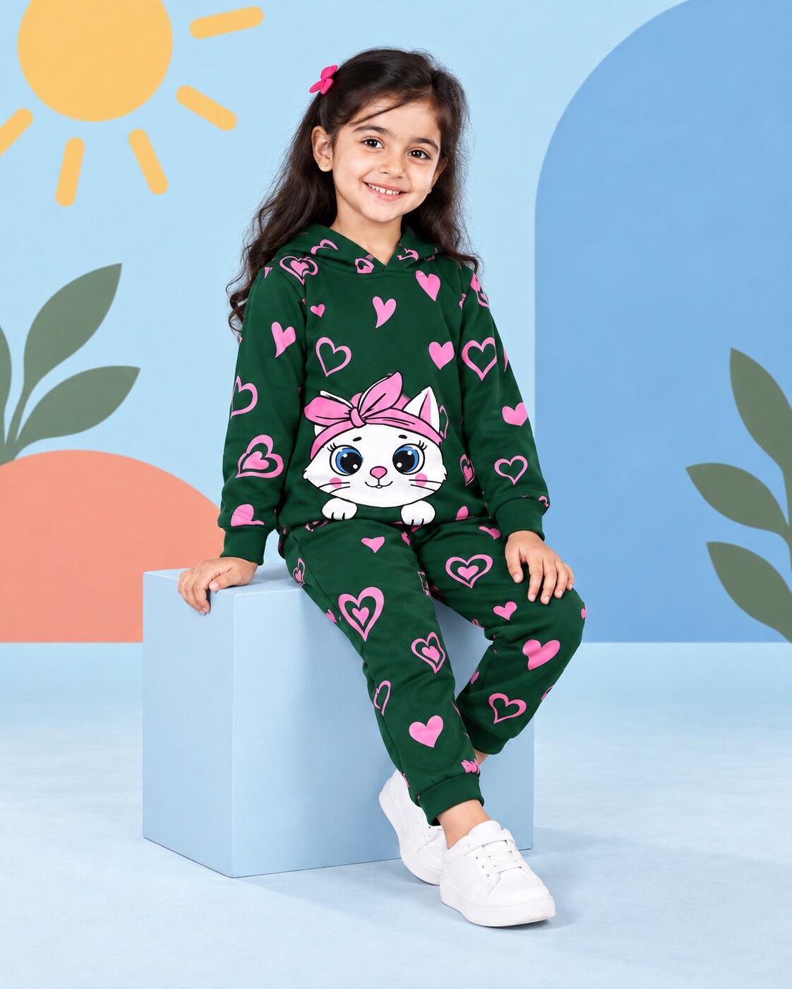 Heart Kitty Hoodie Set - Dark Green - seated