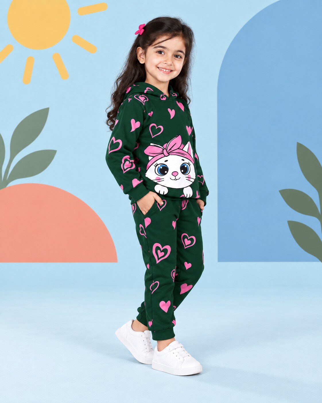 Heart Kitty Hoodie Set - Dark Green - side angle