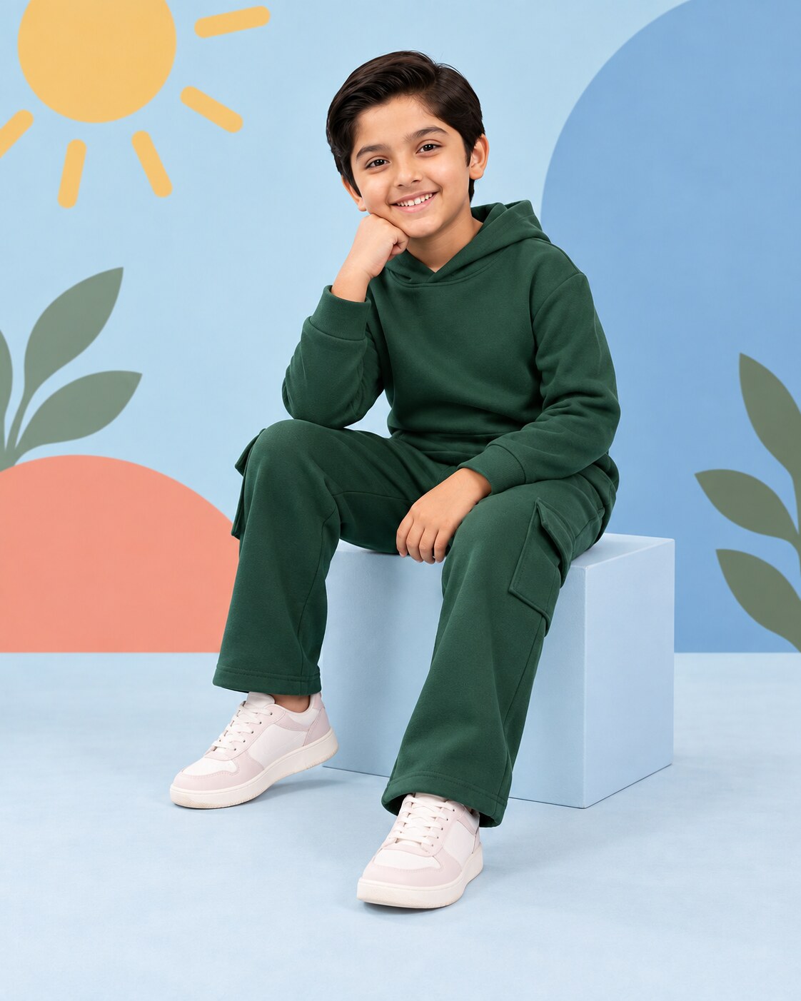 Kids Premium Fleece Cargo Hoodie & Wide-Leg Trouser Set – Forest Green - front standing