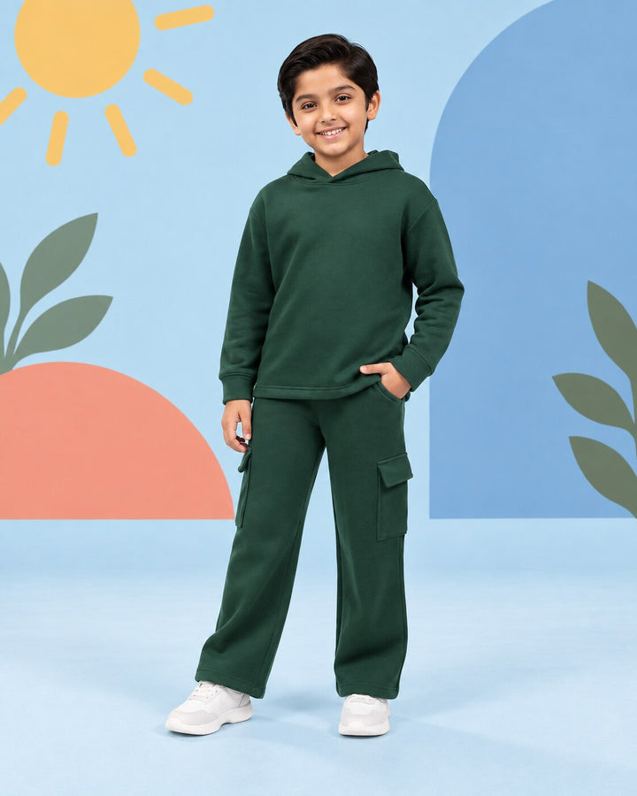 Kids Premium Fleece Cargo Hoodie & Wide-Leg Trouser Set – Forest Green