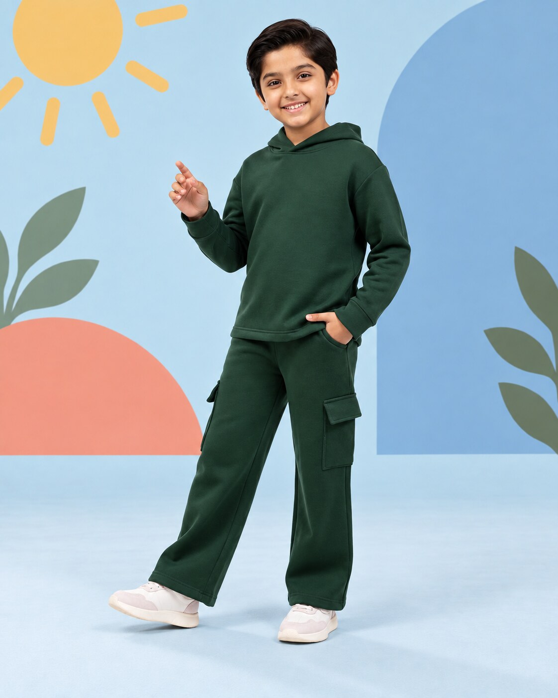 Kids Premium Fleece Cargo Hoodie & Wide-Leg Trouser Set – Forest Green - side angle