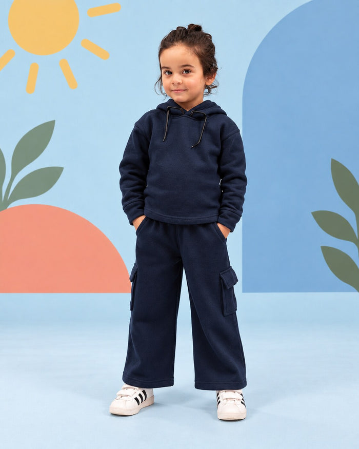 Kids Premium Navy Fleece Cargo Hoodie & Wide-Leg Winter Co-Ord Set