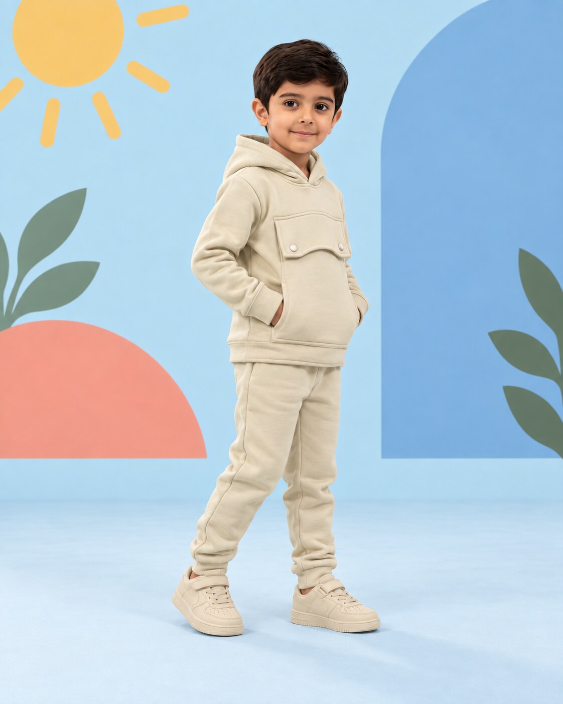 Kids Premium Navy Fleece Cargo Hoodie & Wide-Leg Winter Co-Ord Set - seated