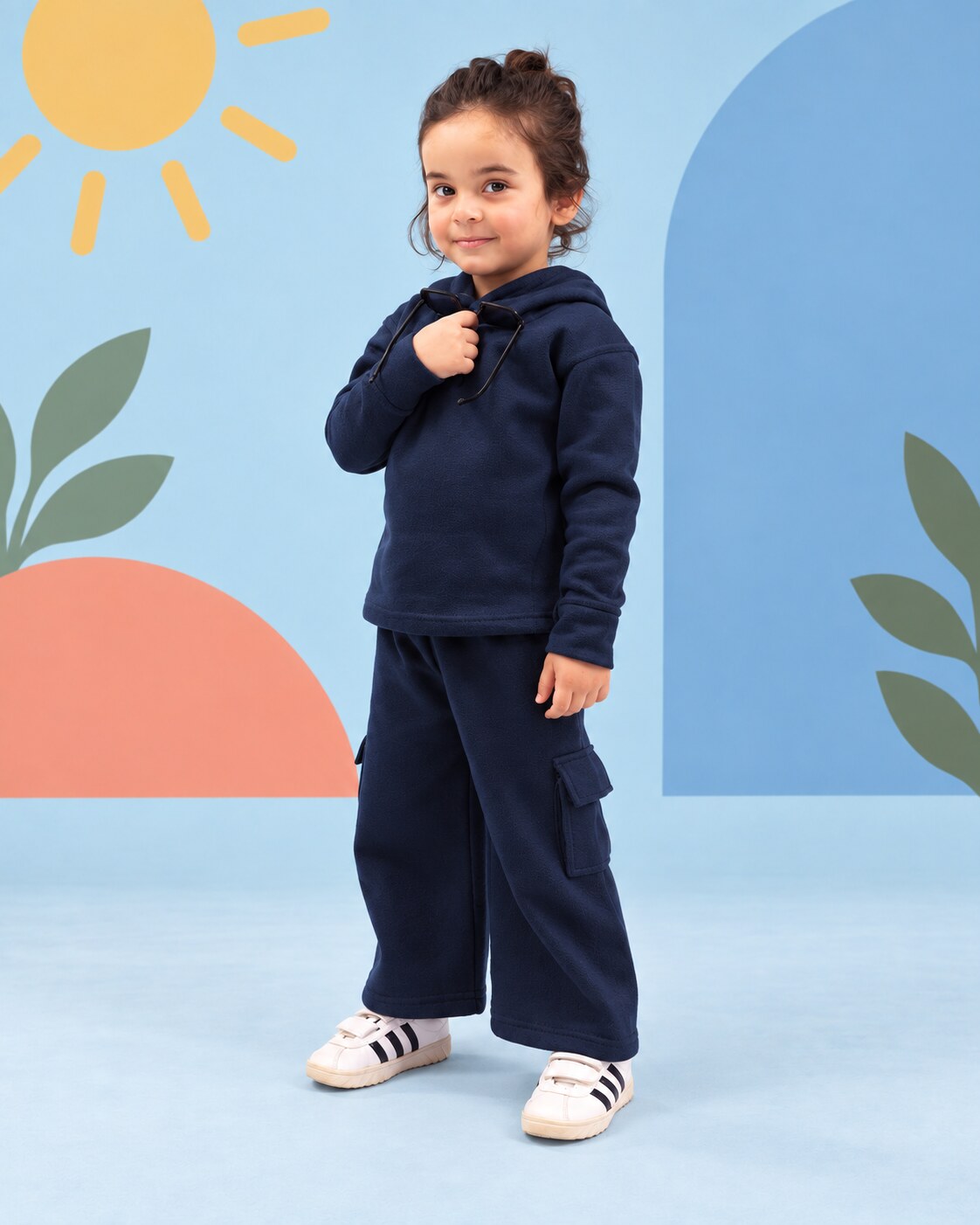 Kids Premium Navy Fleece Cargo Hoodie & Wide-Leg Winter Co-Ord Set - side angle
