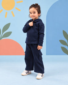 Kids Premium Navy Fleece Cargo Hoodie & Wide-Leg Winter Co-Ord Set - side angle