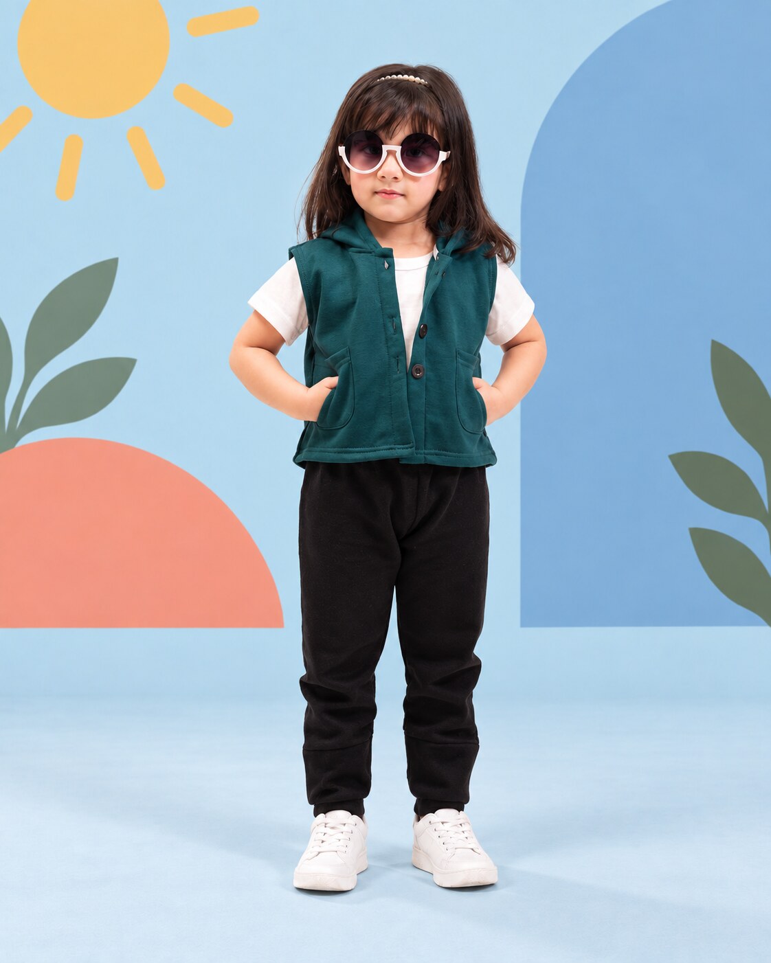 Kids Trendy Hoodie Vest | Forest Green - front standing