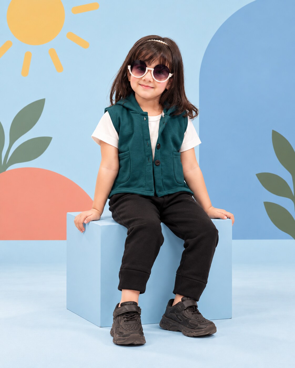 Kids Trendy Hoodie Vest | Forest Green - seated