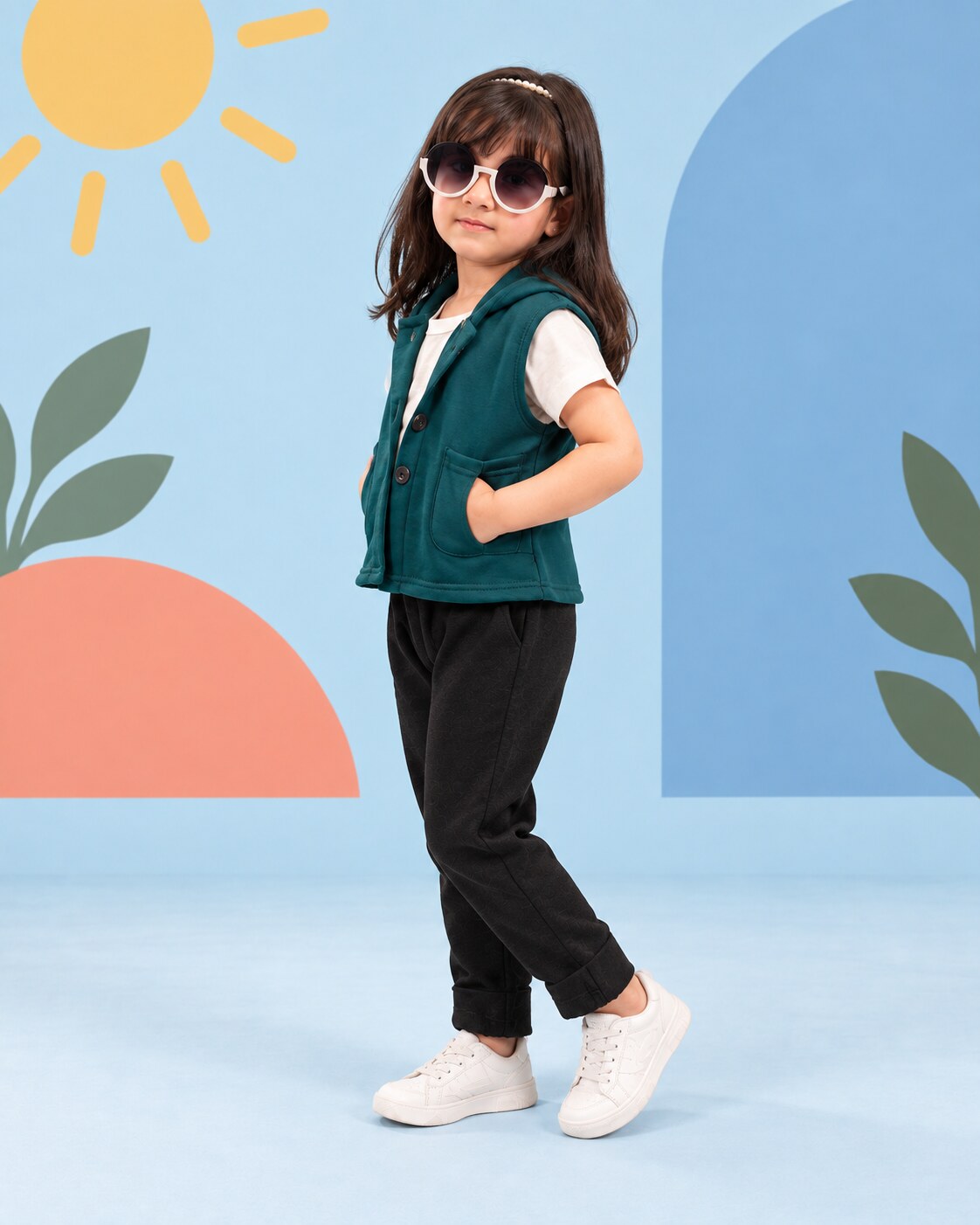 Kids Trendy Hoodie Vest | Forest Green - side angle