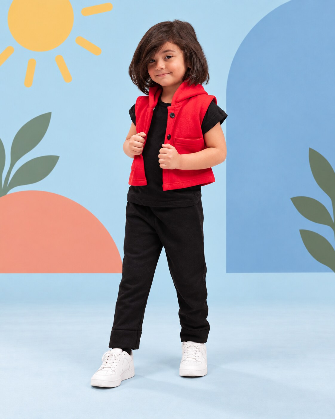 Kids Trendy Hoodie Vest | Red - front standing
