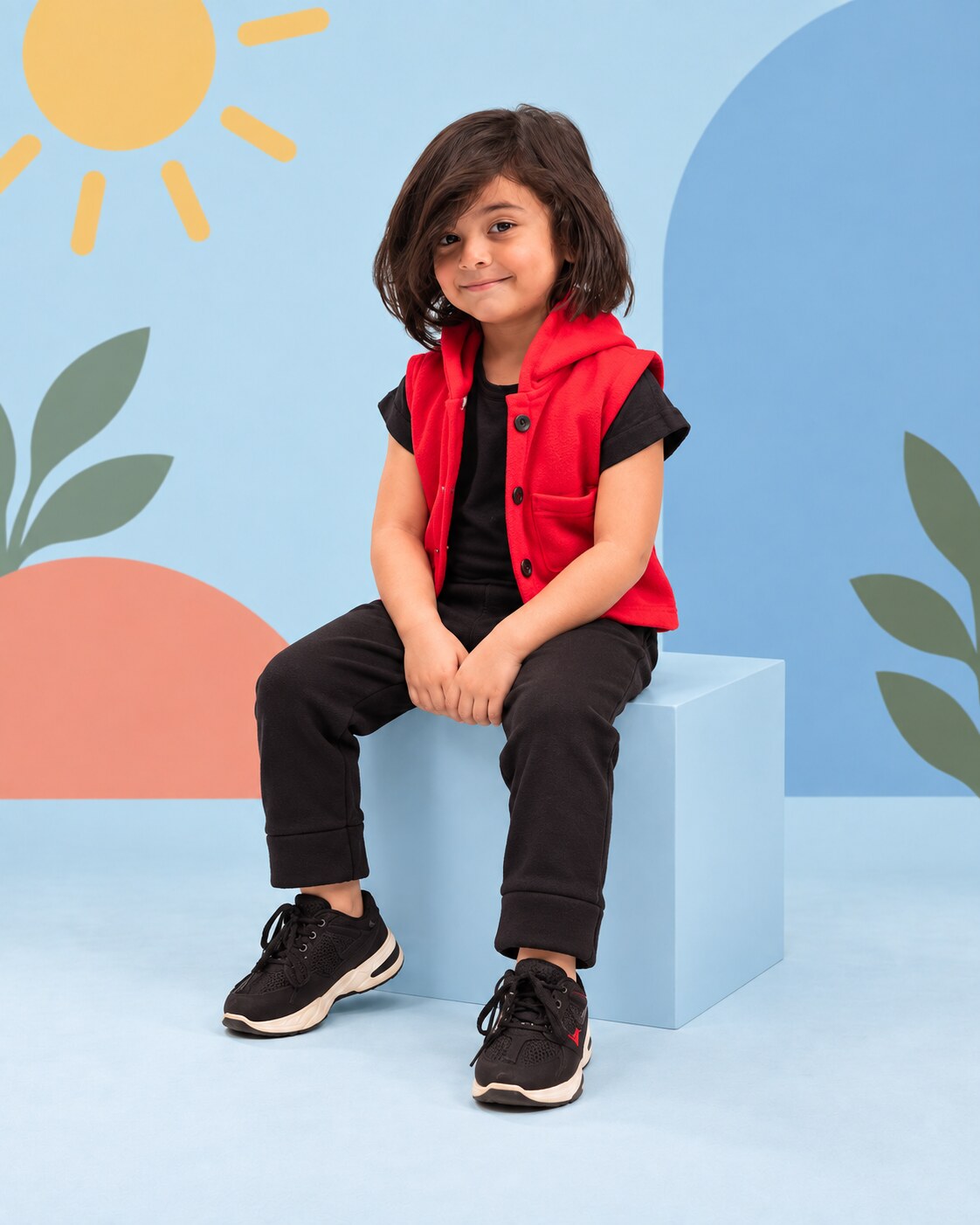 Kids Trendy Hoodie Vest | Red - seated