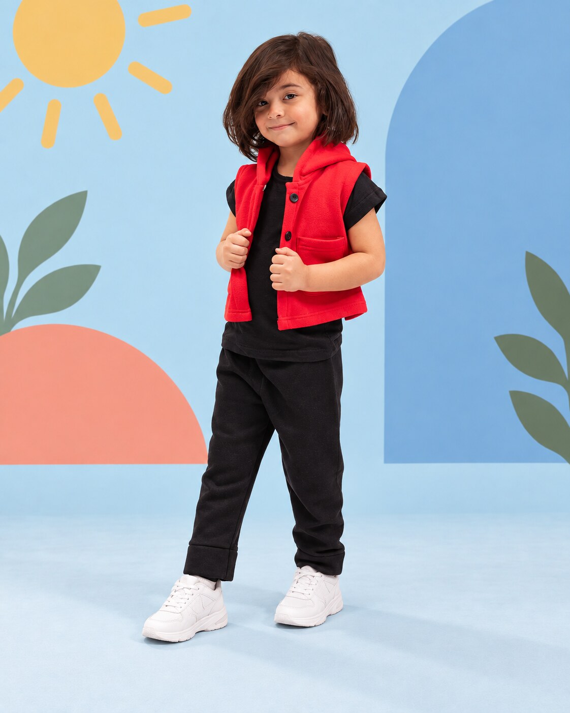 Kids Trendy Hoodie Vest | Red - side angle