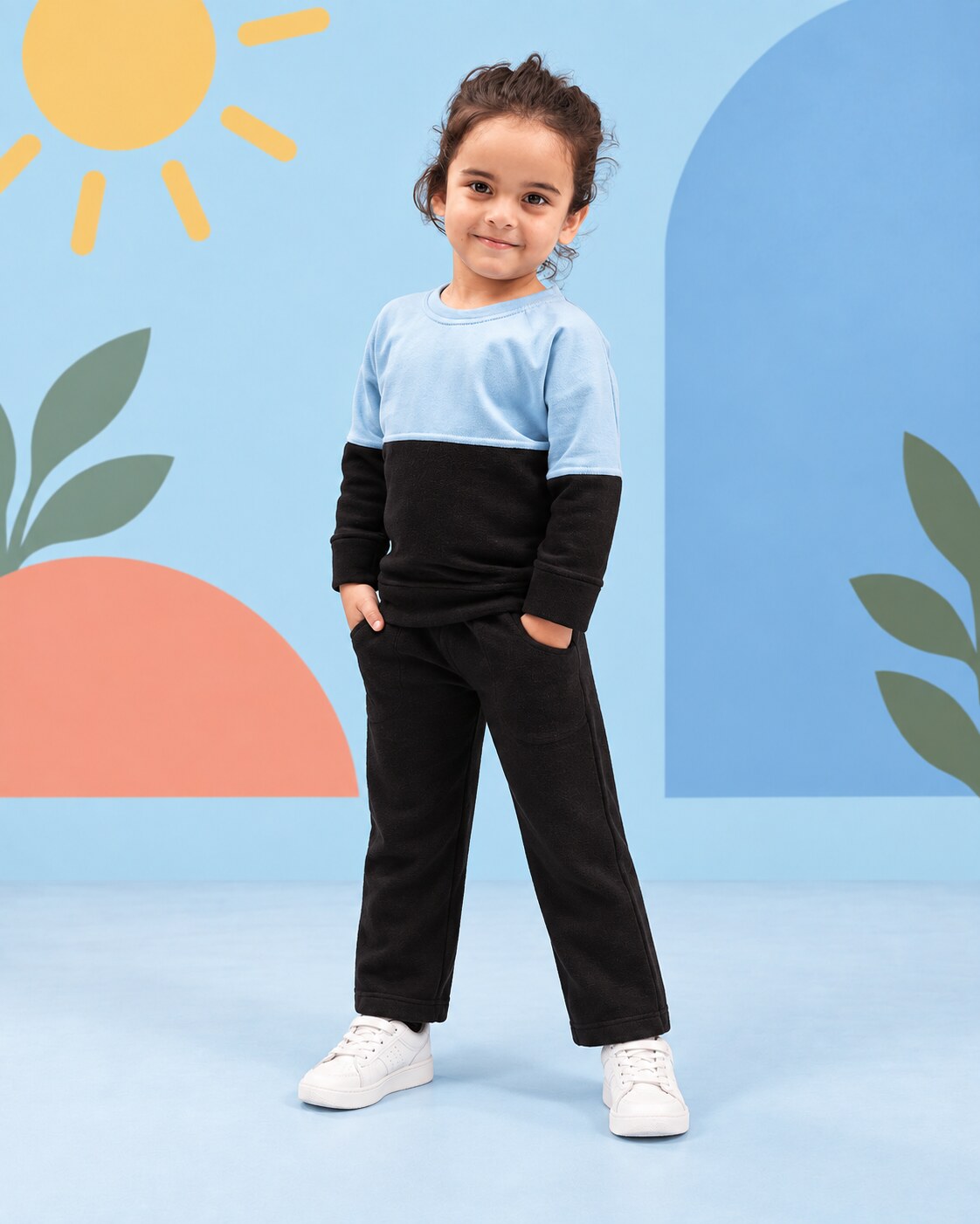Kids Two-Tone Sweatshirt & Jogger Set – Sky Blue & Black - front standing