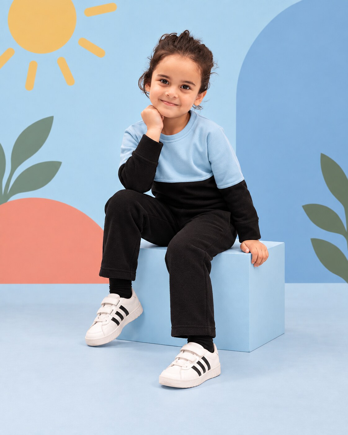 Kids Two-Tone Sweatshirt & Jogger Set – Sky Blue & Black - seated