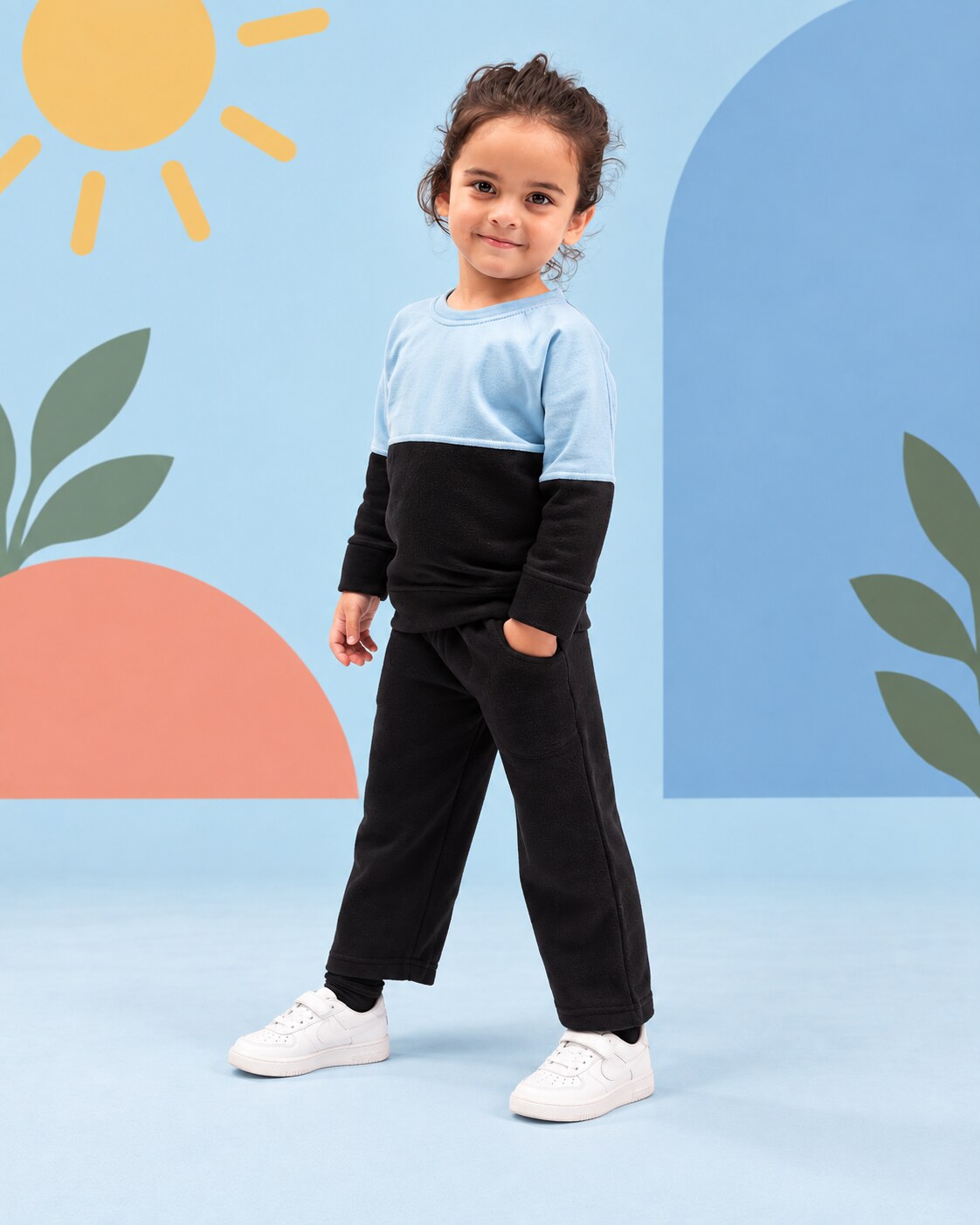 Kids Two-Tone Sweatshirt & Jogger Set – Sky Blue & Black - side angle