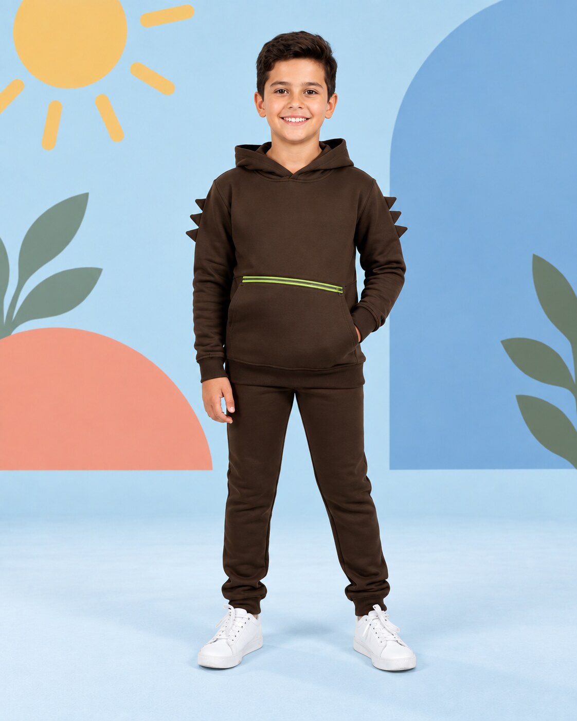 Kids Winter Dino Spike Hoodie - Brown - front standing