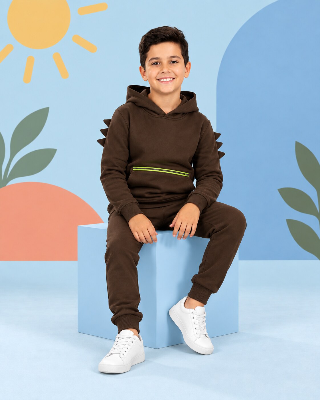 Kids Winter Dino Spike Hoodie - Brown - seated