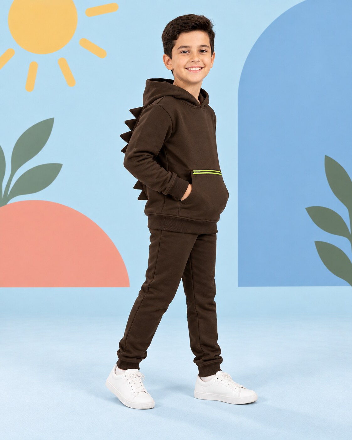 Kids Winter Dino Spike Hoodie - Brown - side angle