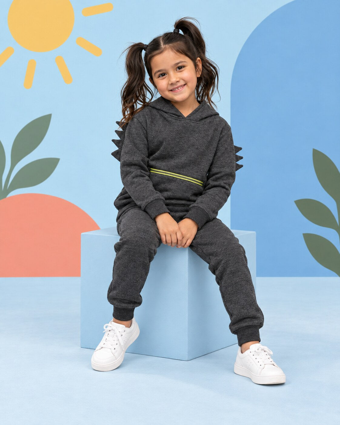 Kids Winter Dino Spike Hoodie - Gray - seated