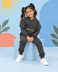 Kids Winter Dino Spike Hoodie - Gray - seated