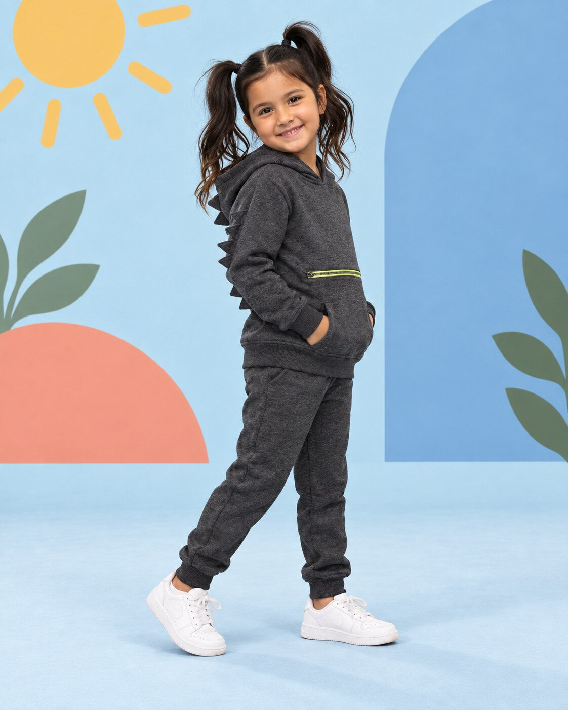 Kids Winter Dino Spike Hoodie - Gray - side angle