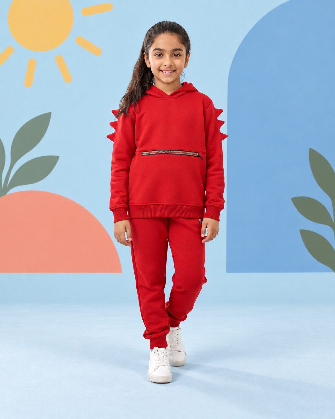 Kids Winter Dino Spike Hoodie - Red - front standing