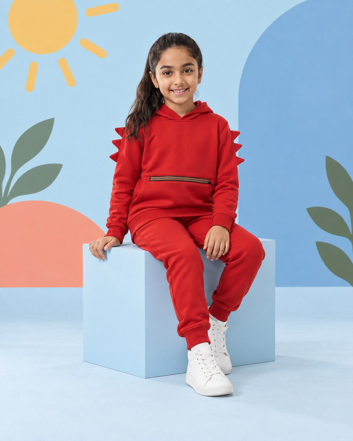 Kids Winter Dino Spike Hoodie - Red - seated