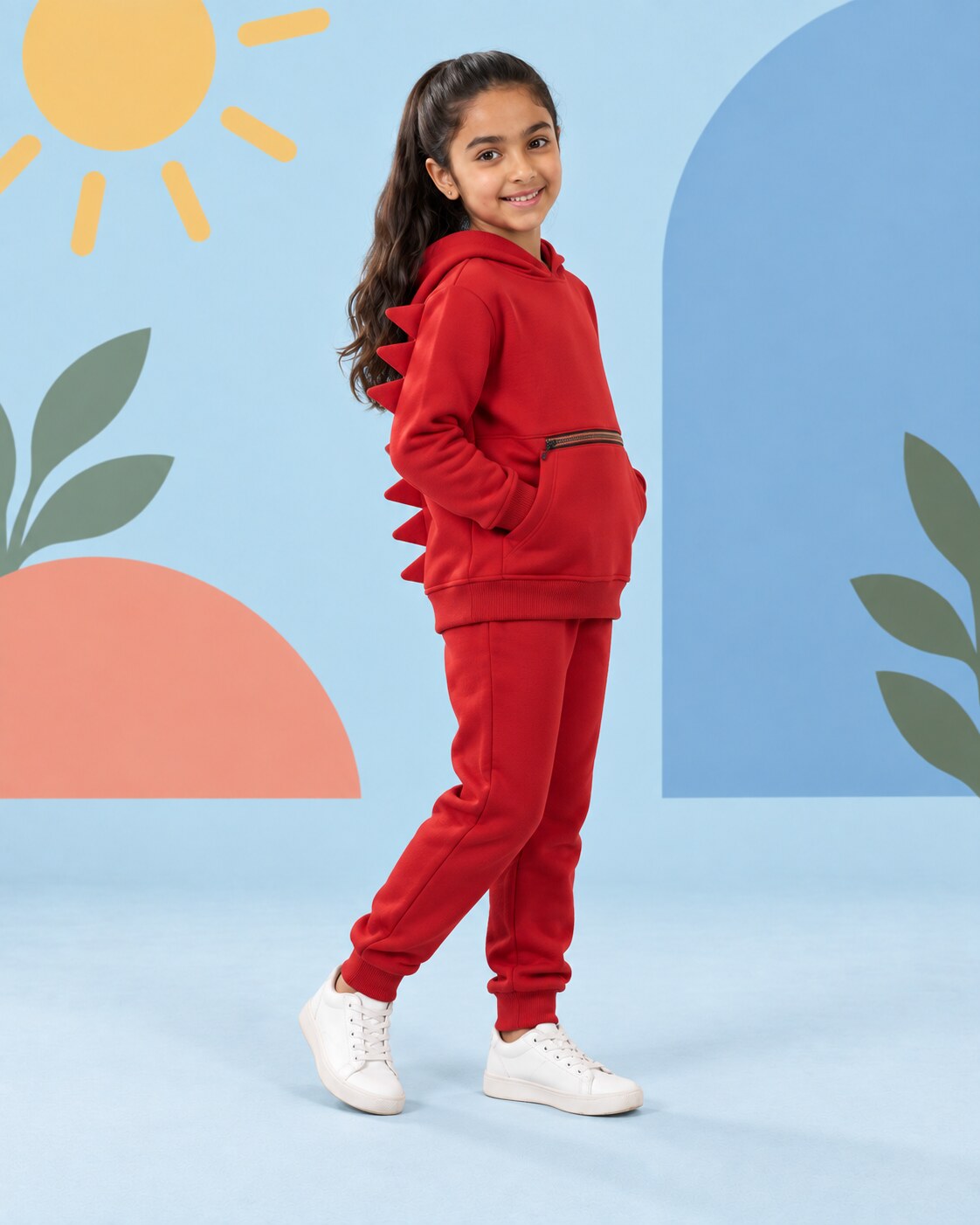 Kids Winter Dino Spike Hoodie - Red - side angle