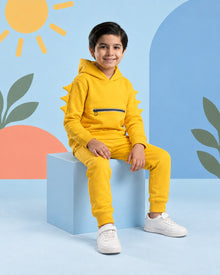Kids Winter Dino Spike Hoodie - Yellow - seated