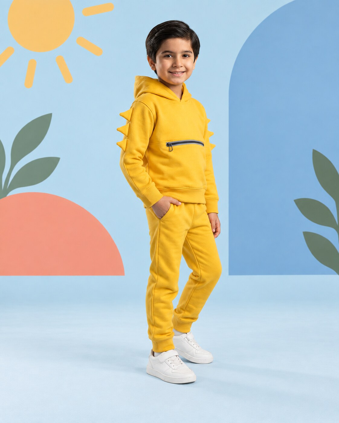 Kids Winter Dino Spike Hoodie - Yellow - side angle