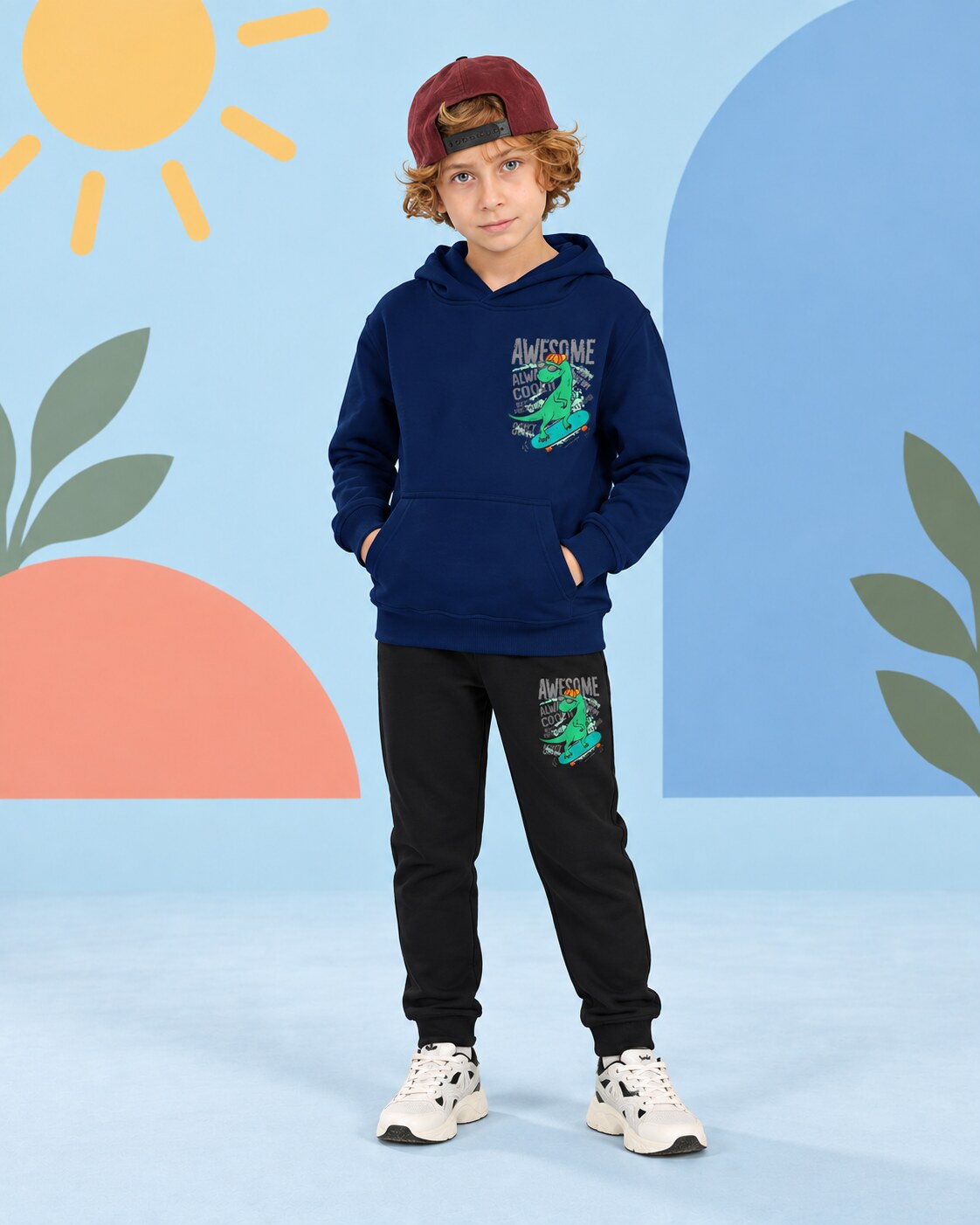 Kids Winter Hoodie Set | Awesome Dino Printed - front standing
